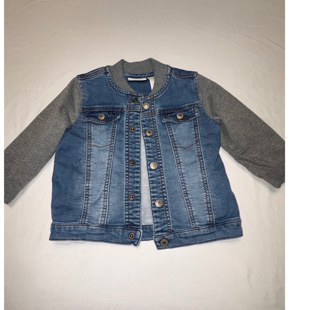 First Impressions Toddler Denim Jacket Grey Knit Sleeves Blue Jean 24 Months